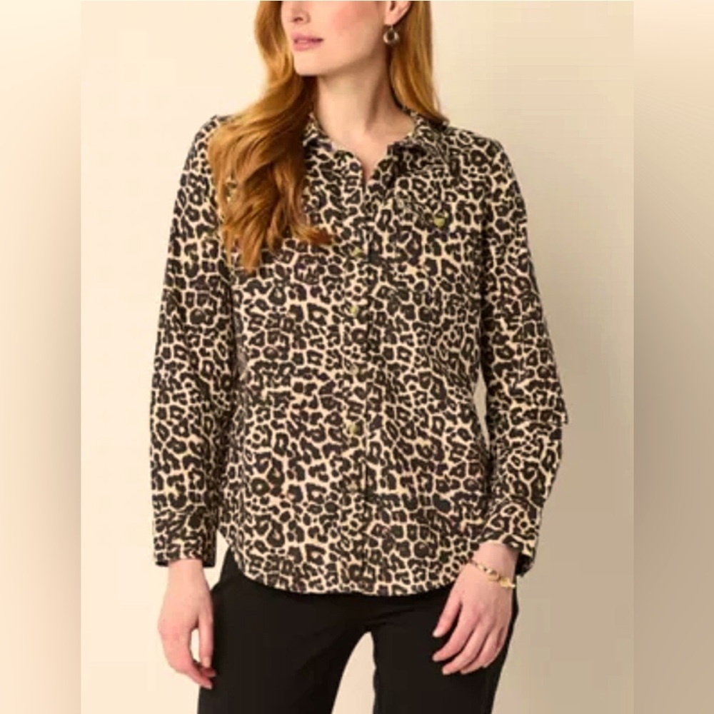 JM Collection Leopard Cheetah Blouse Womens Plus Size 18W Brown Black Button Up - Picture 2 of 10